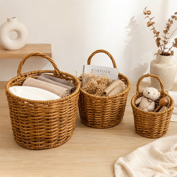 3 Pack Hanging Wicker Storage Baskets with Handle, Wall Mount Woven Organizer Basket for Kitchen Produce Fruit Vegetable, Pantry, Bathroom, Garden, 3 Sizes (7",6",5")