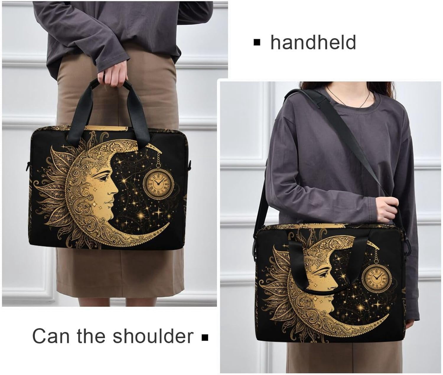 Boho Crescent Moon Sun Mandala Laptop Case Bag Sleeve Portable body Messenger Briefcase w/Strap Handle, 13 14 15.6 inch