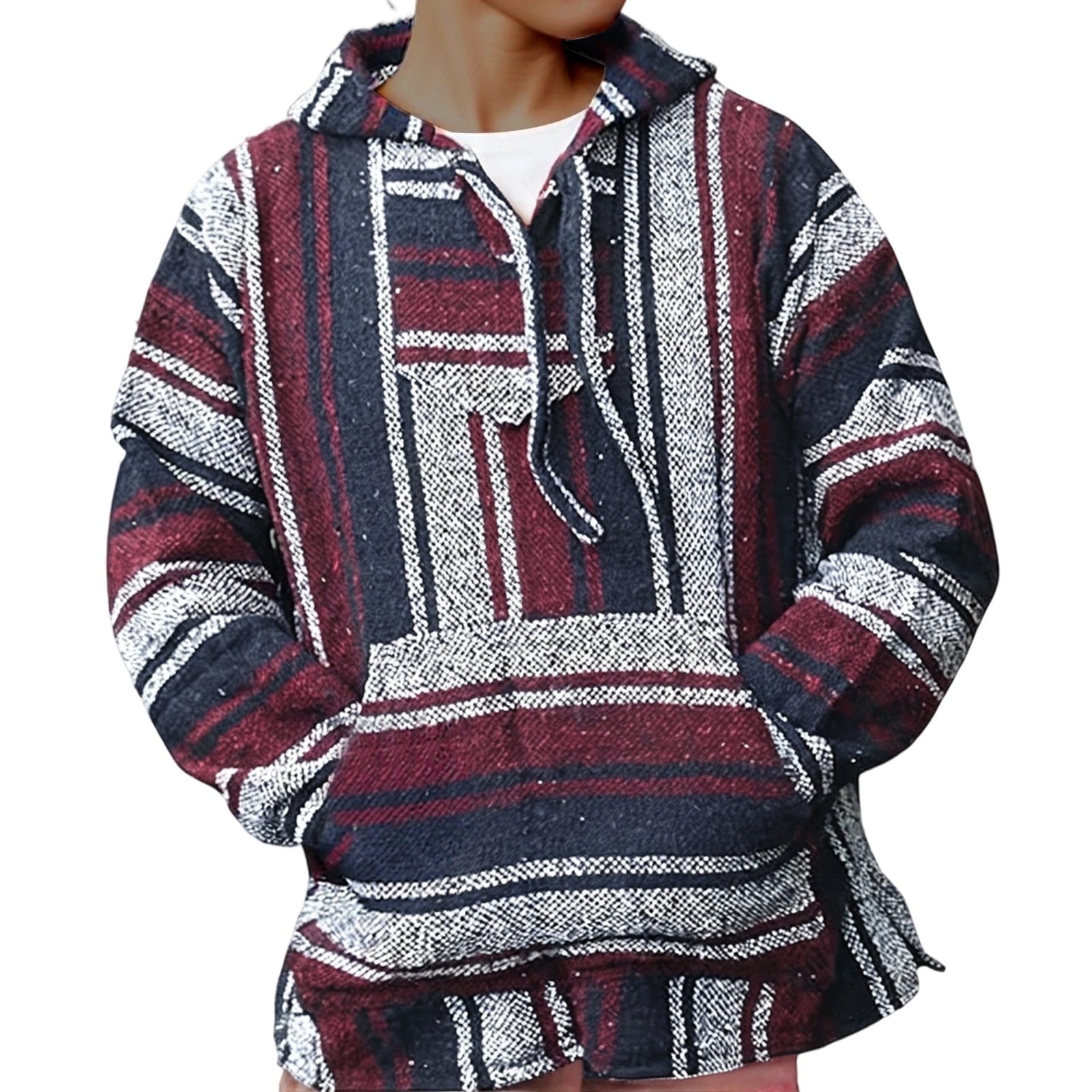 Mexican Lightweight Hoodie for Men Casual Comfy Pullover Shirts with Pockets Hoodie Hippie Surf Poncho Sweater Sweatshirt Pullover Fall Winter Fashion Hooded Sweatshirt (Red,2XL)