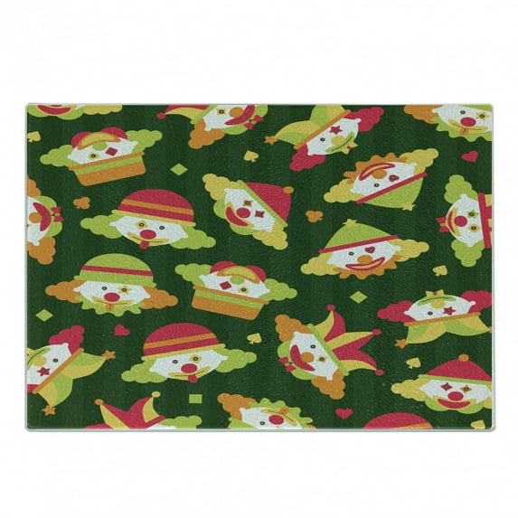 Circus Cutting Board, Colorful Layout of Clown Faces and Geometric Motifs Funky Show Time People, Decorative Tempered Glass Cutting and Serving Board, in 3 Sizes, by Ambesonne