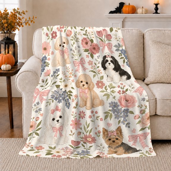 Charming Floral Dog Portrait Design, Cozy Pet Portrait Pattern, Warm Flannel Blanket for Living Room and Bedroom, Dog Lovers Just Because Gift, Pet Lover Home Decor