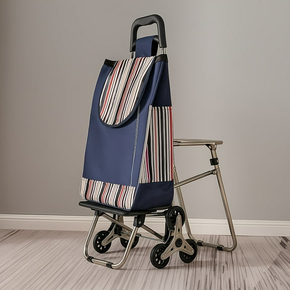 1 Foldable Stainless Steel Shopping Cart With Stool - Portable Shopping Cart With 8.65 Gallon Capacity With Crystal Climbing Wheels, Stainless Steel Frame,
