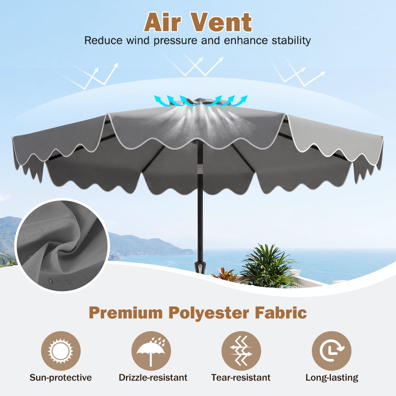 Costway 9 FT Patio Umbrella with Weighted Base Sandbags Push Button Tilt Crank Sturdy Ribs Gray