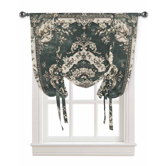 Green Boho Tie Up Curtains for Window, Vintage Southwestern Geometric Abstract Thermal Insulted Balloon Shade Adjustable Rod Pocket Curtains Valance Panels for Kitchen Bathroom Café 42 x 54