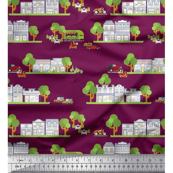 Soimoi Silk Fabric Vehicles,Tree & Shops Architectural Print Sewing Fabric Yard 42 Inch Wide