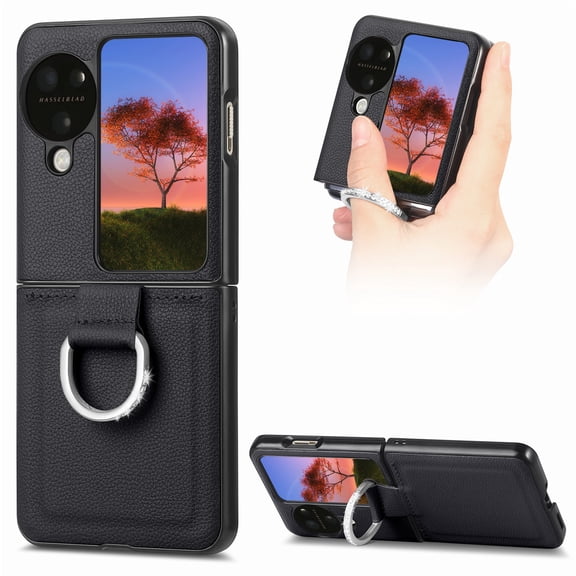 CCSmall for Oppo Find N3 Flip Case with Ring, Slim PU Leather Protective Cover Phone Case Oppo Find N3 Flip ZH Black