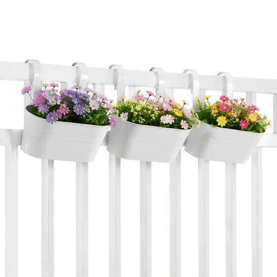 3 pack White Metal Hanging Flower Pots, Rail Planters for Outdoor, Hanging Strawberry Planter, Fence Bucket Wall Mount Window Box Plant Holder with Hooks for Garden Yard Porch Decor