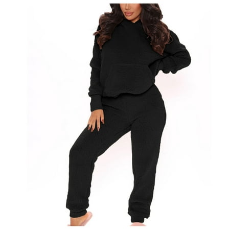 

Tuscom Women s Pajamas Sets Two Piece Set Long Sleeve Plush Solid Hooded with Ears Set Elastic Waist Long Pants