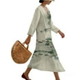 thumbnail image 3 of COEQINE Womens Beach Dress Midi Length V-Neck Wrap Long Sleeve Big Size Dress, Casual Flowy Linen-Like Loose Fit Sundress 2026 Summer Spring, Size L, Ink Lotus Pond, 3 of 6
