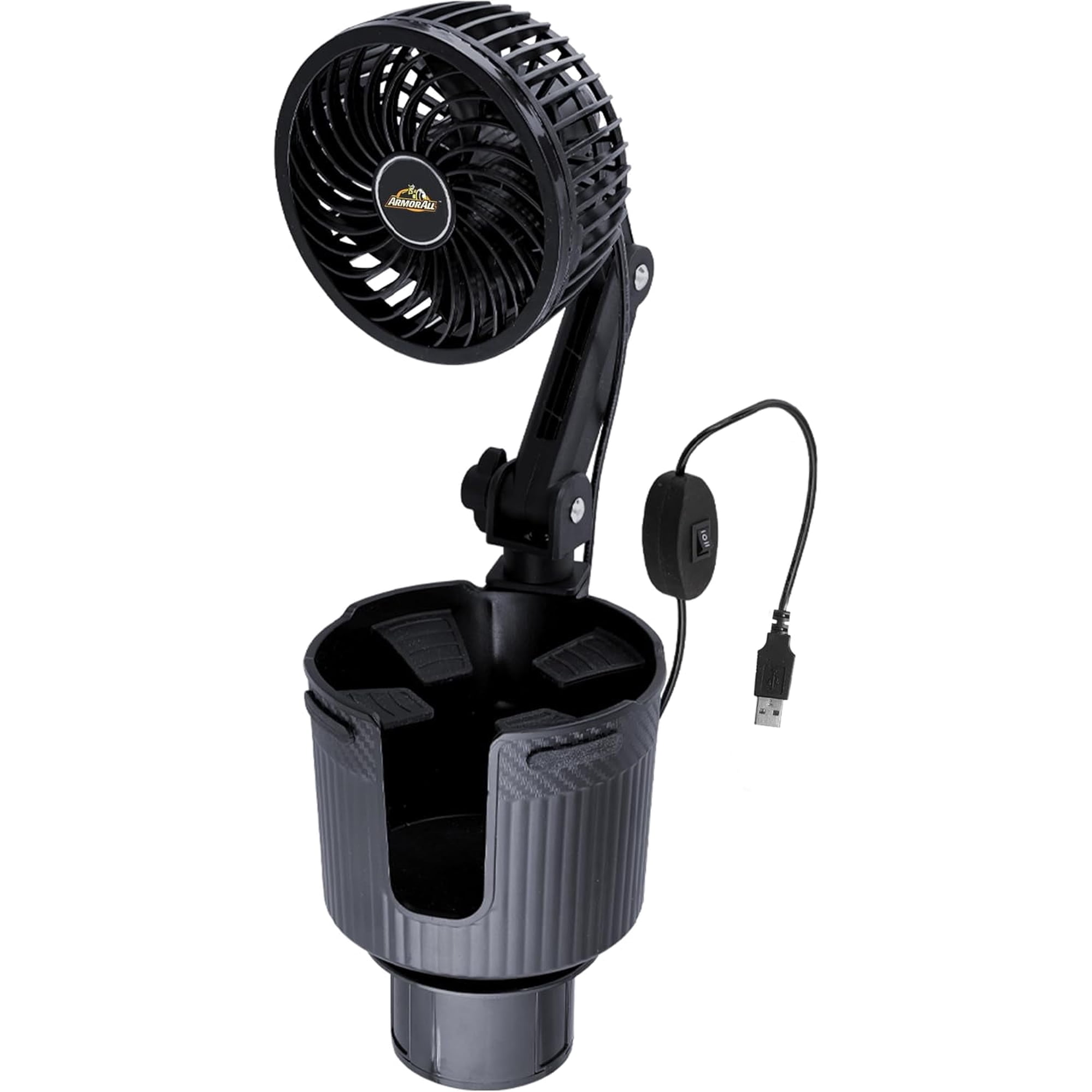 Armor All Car Fan Cupholder, 2-in-1 XL Cupholder and Mini 2-Speed Cooling Fan, USB A Powered, 360° Degree Rotatable, 6” in Arm, Expandable Base for Universal Secure Fit, XL Cupholder Holds Bottles
