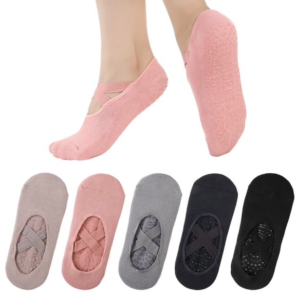 Bocaoying 5-Pair Women's Non-Slip Pilates Socks, Moisture-wicking Grip Socks with Cross Band, Yoga Socks with Silicone Dots for Workout, Ballet, Gym, Hospital, Home Use