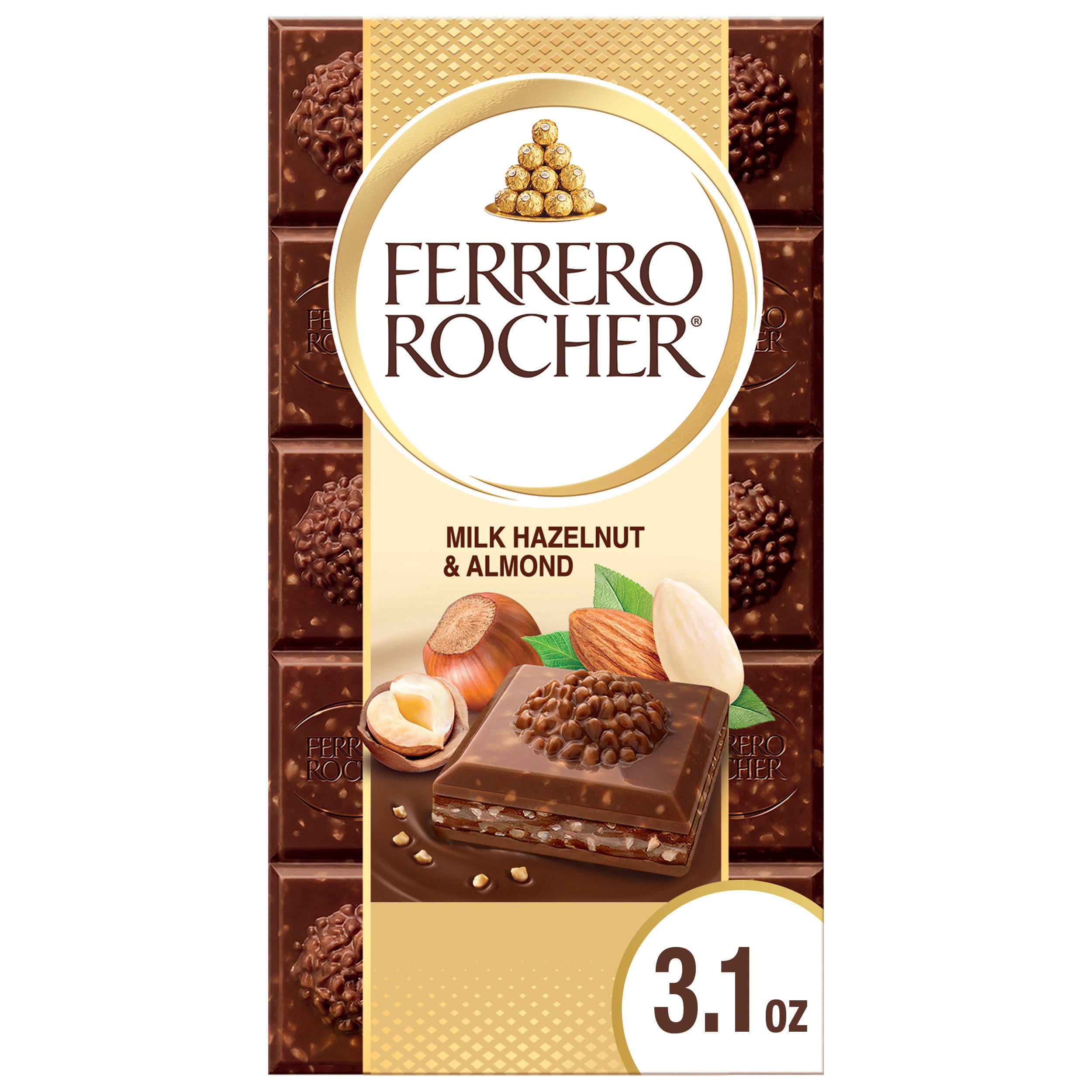 Ferrero Rocher Premium Chocolate Bar, Milk Chocolate Hazelnut and Almond, A Great Easter Gift, 3.1 oz
