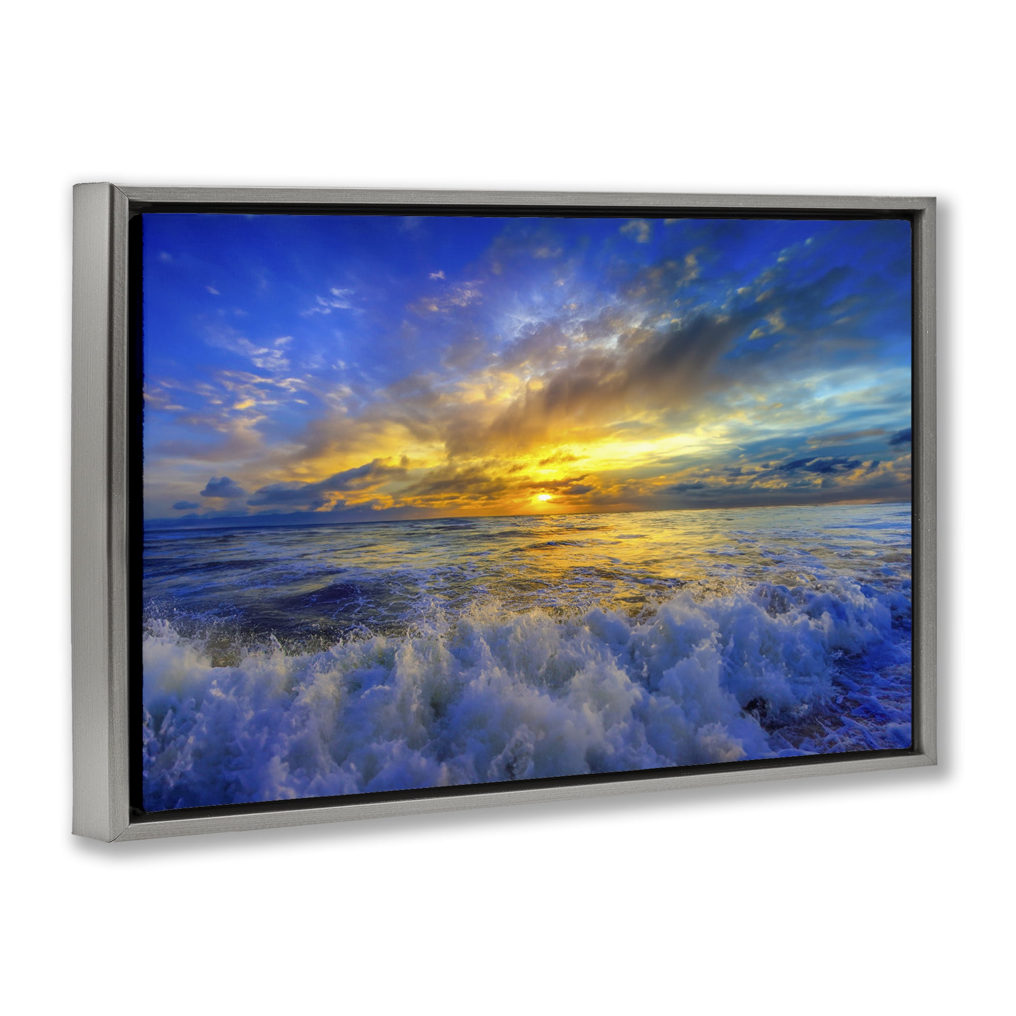 Stupell Industries Golden Blue Sunset over Waves Gray Framed Floater Canvas Wall Art, design by Eszra Tanner