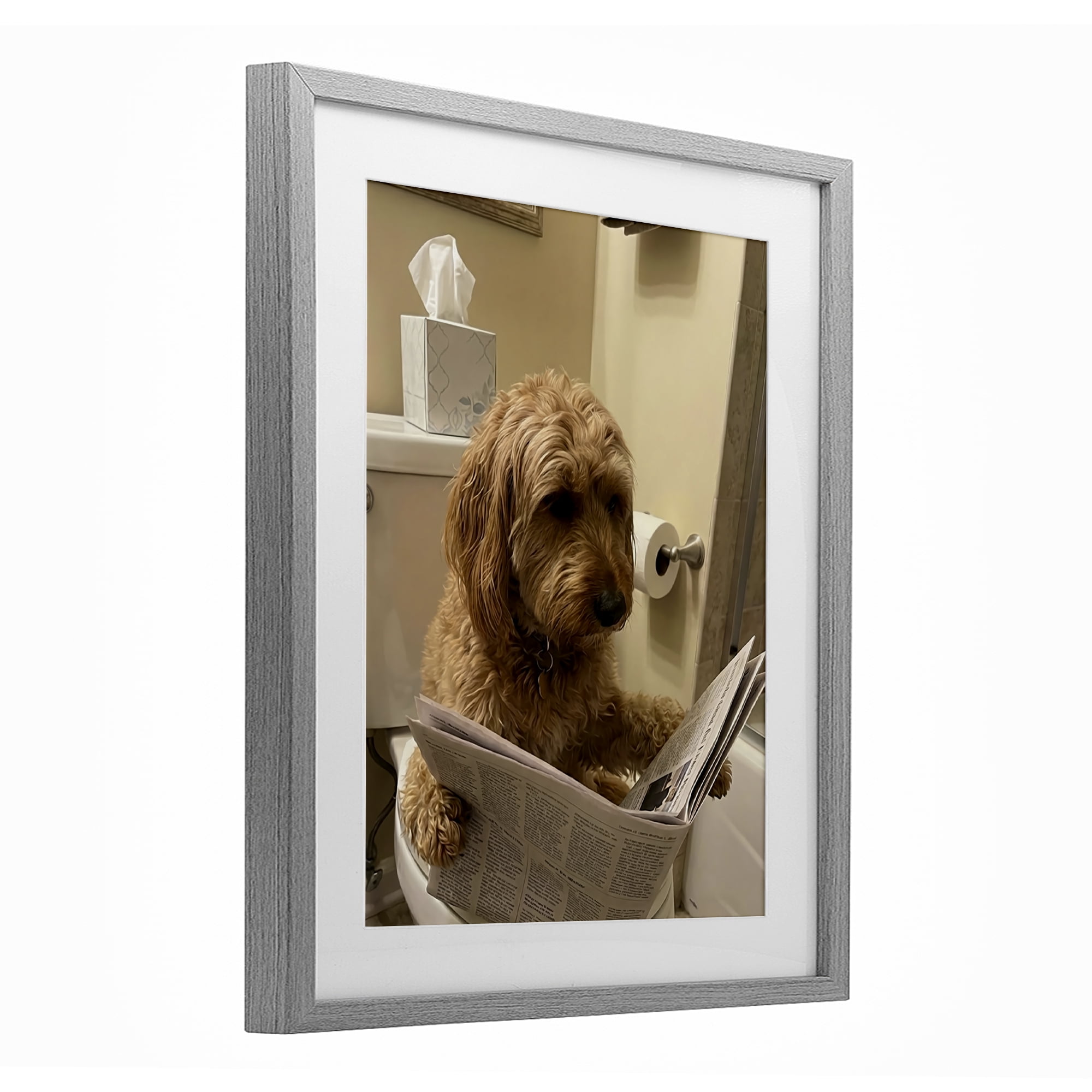 Stupell Industries Dog & Paper on Toilet Gray Framed Print Under Glass, design by Abigail Walker