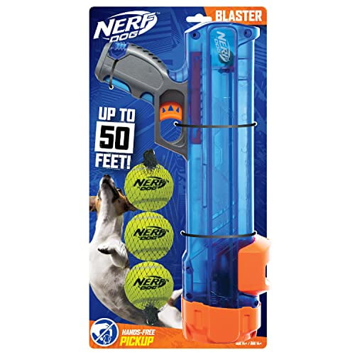 Nerf Nerf Dog Blaster de Balle de Tennis Compact Ensemble avec 3 Balles, Idéal pour Aller Chercher, Rechargement Mains Libres, Lance jusqu'à 50 Pieds, Unité Unique, Comprend 3 Balles 4791, Bleu Translucide