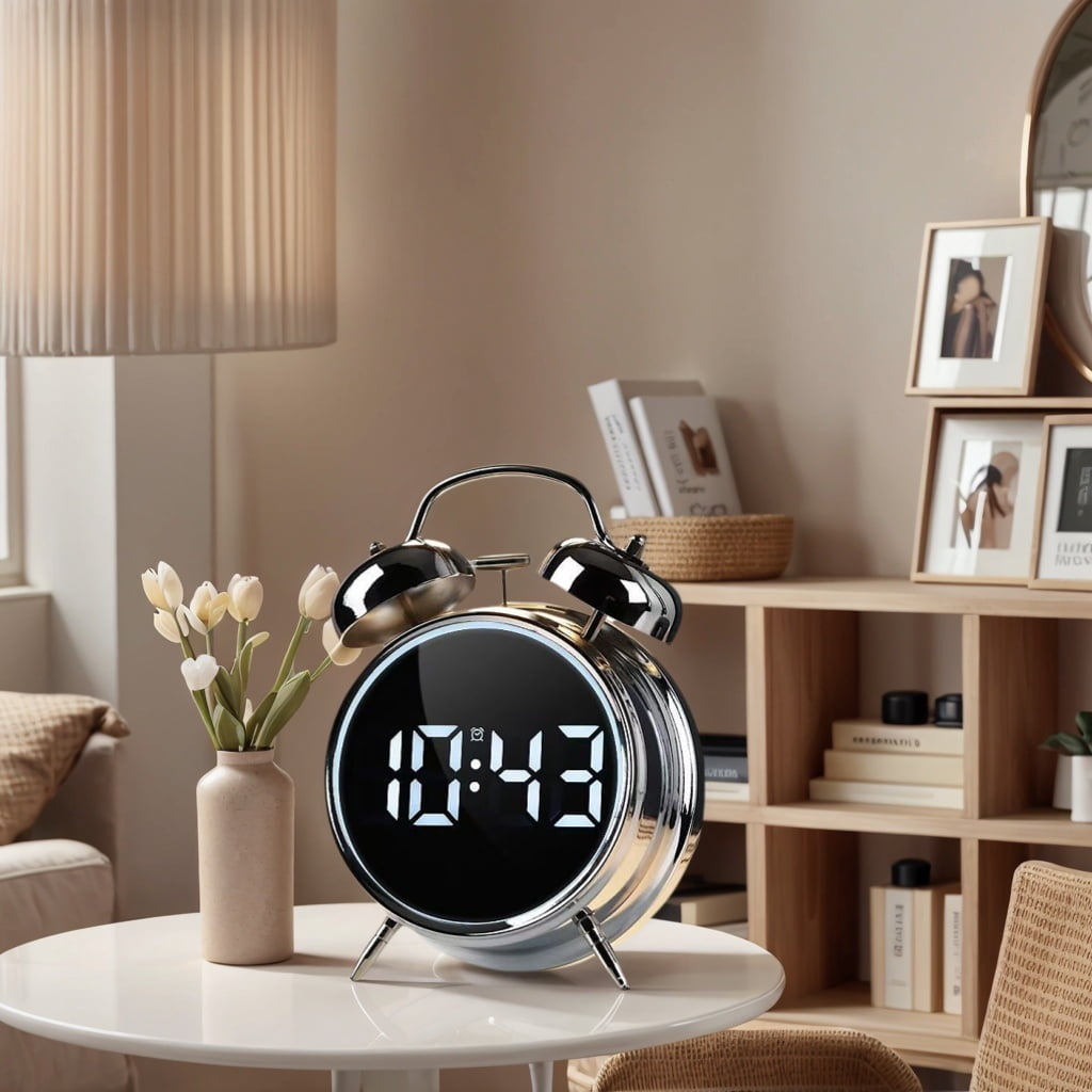 This is a stylish metal alarm clock with a night light and a variety of features, including temperature and date displays. It operates quietly without ticking and has both weekday and weekend alarm s