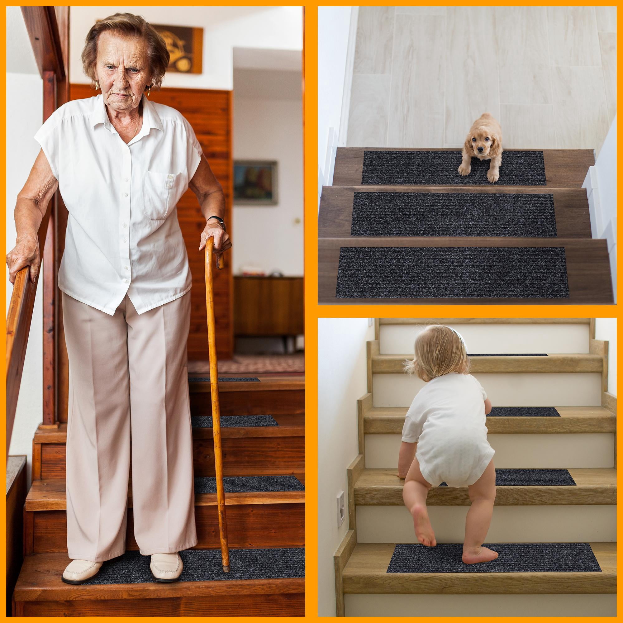 Ottomanson Indoor/Outdoor Non-Slip Stair Treads for Wooden Steps 8" x 30" Rubberback Step Mat, 7 Pack, Black