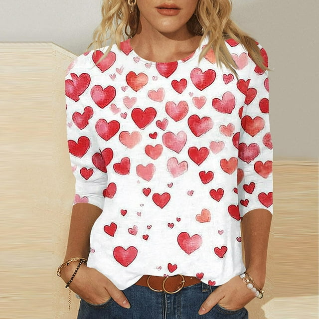 RKSTN Valentines Gifts 3/4 Length Sleeve Womens Tops Oversized Crewneck Valentine's Day Graphic Printed Short Sleeve T Shirt Womens Casual Round Neck Loves Heart Print Three Quarter Sleeve Shirts