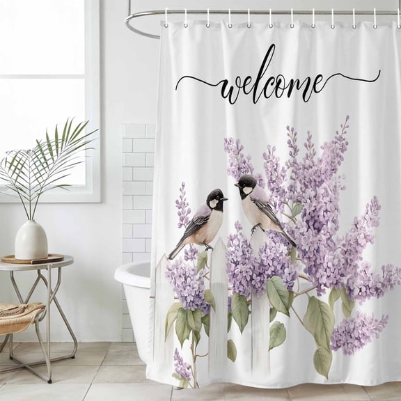 Bird Flowers Small Stall Shower Curtain, Waterproof Shower Curtains for Bathroom, Purple Lavender Pastoral Pastel Watercolor Washable Fabric Cloth Bath Curtain for Bathtub with Hooks 36x78 Inches