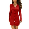 thumbnail image 2 of Women Sweater Mini Dresses Button Up Long Sleeve V Neck Slim Fit Knit Dress Casual Sexy Fall Cardigan Short Dress (L, Red), 2 of 4