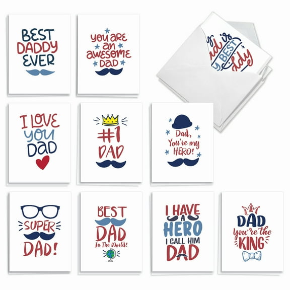 The Best Card Company 20 Assorted Father's Day Notecards Boxed Set 4 x 5.12 Inch with Envelopes (10 Designs, 2 Each) Dad Graphics AM10344FDG-B2x10