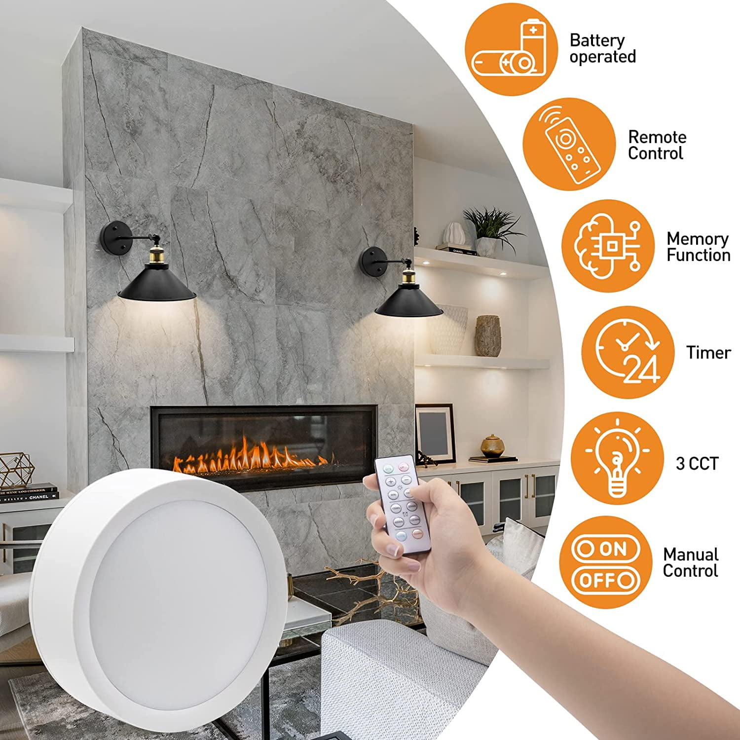 Battery Operated Black Wireless Wall Sconces with Remote Control (Set of 2 )- Flexible Wall Mounted Lights for Bedroom, Living Room, and Hallway