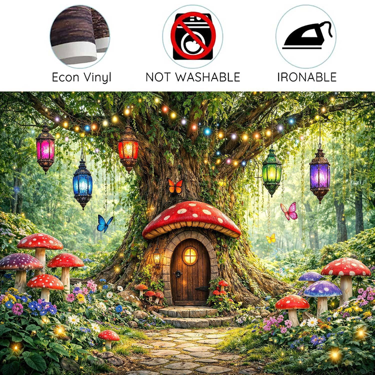 Enchanted Forest Mushroom House Photography Backdrop, Magical Fairy Tree Lantern Butterfly Realistic Background for Kids Birthday Party Baby Shower Photo Booth Decorations Banner, 10x8ft