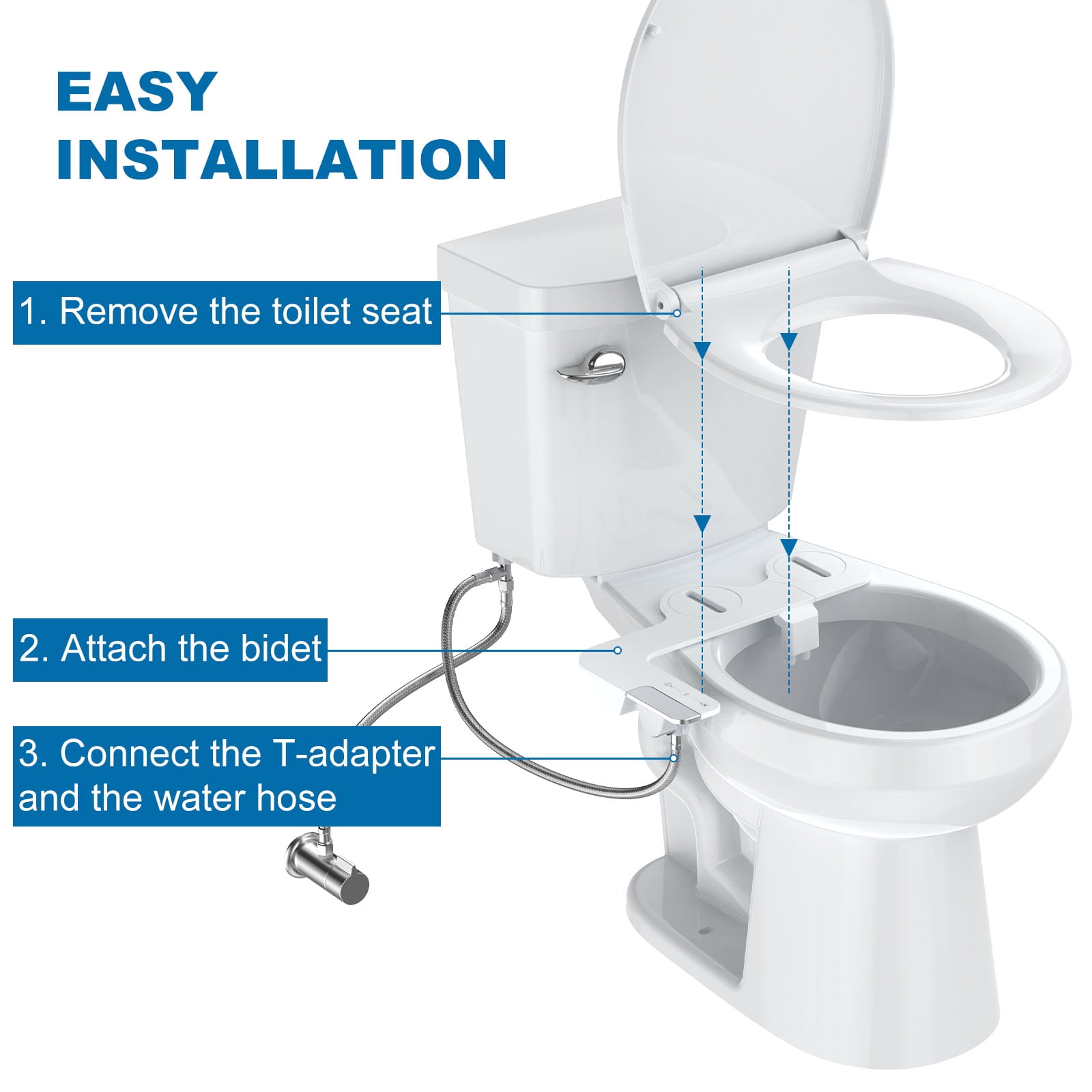 Bidet Attachment for Toilet – Dual Nozzle with Front & Rear Spray, Adjustable Water Pressure & Angle, Self-Clean, Retractable Nozzle, Brass T-Adapter, Easy Install – No Electricity Needed