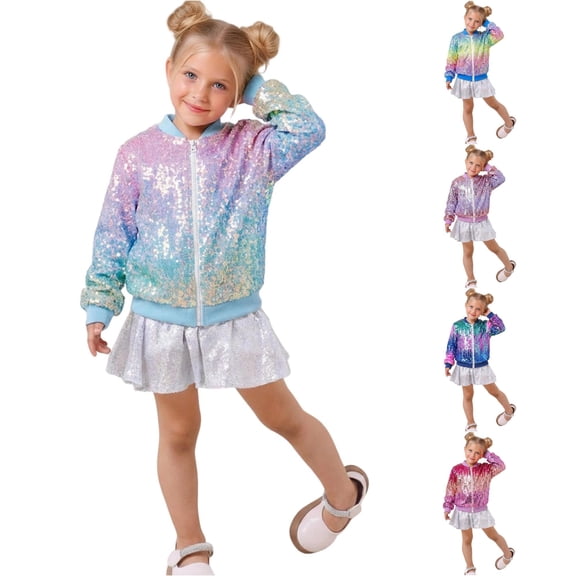Krdevn Girls Gradient Sequin Bomber Jacket, Colorful Zip Up Long Sleeve Sparkly Outerwear for Party Stage Performance,Multicolour2