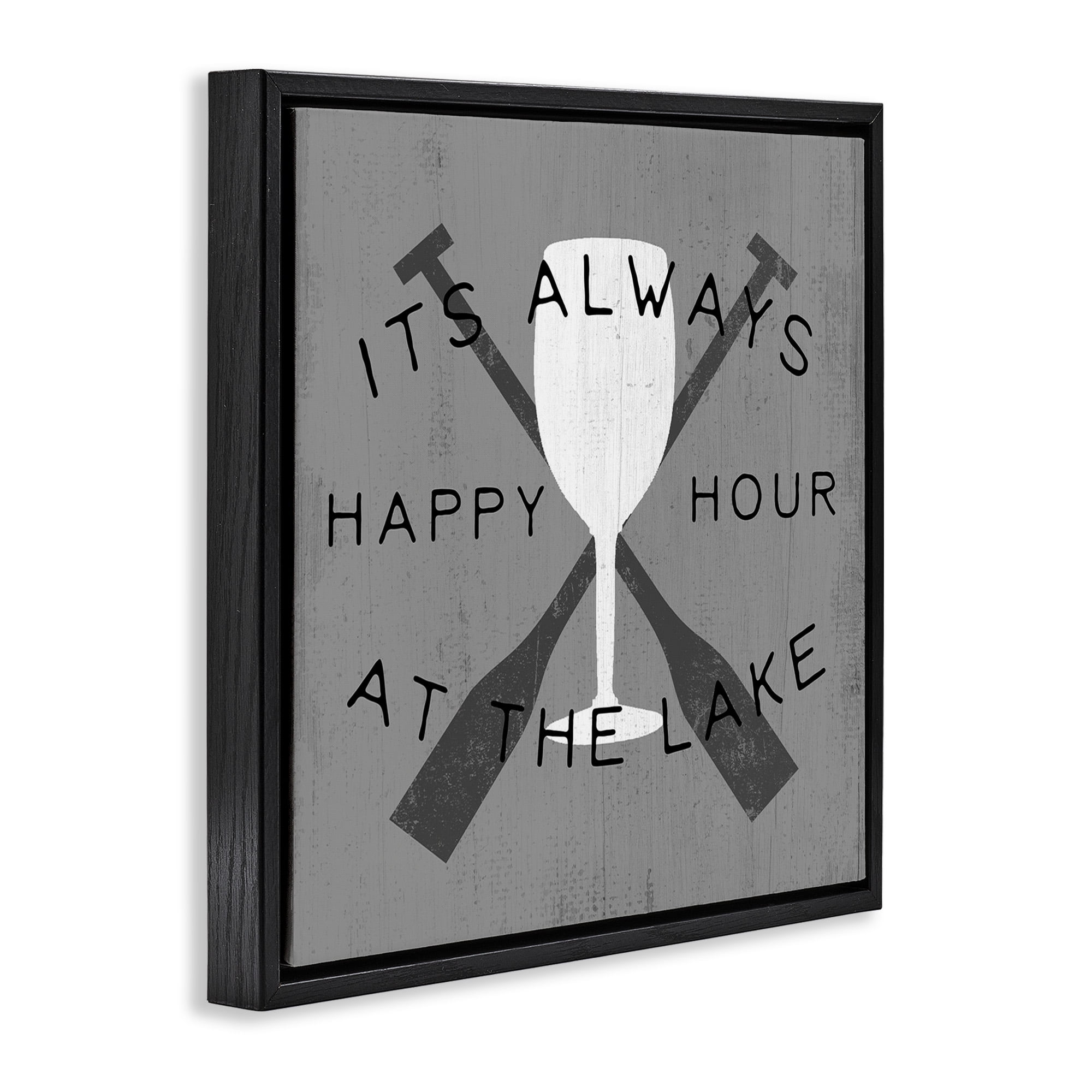 Stupell Industries Always Happy Hour At Lake Typography Painting Black Floater Framed Canvas Art Print Wall Art, 25 x 25