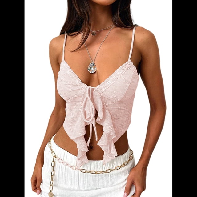 Top Corto con Lazo Frontal para Mujer, Estilo Y2K, con Tirantes Finos y Encaje, Holgado, para Salir, Camiseta de Tirantes con Abertura, y Elegante Rosa L