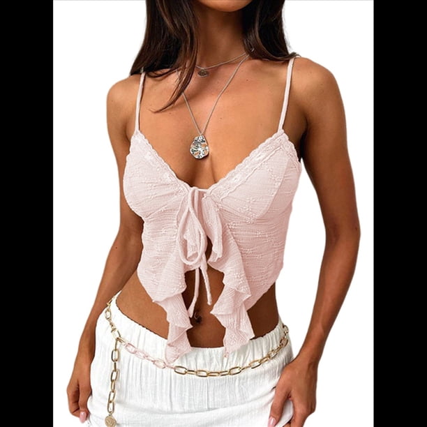 Top Corto con Lazo Frontal para Mujer, Estilo Y2K, con Tirantes Finos y Encaje, Holgado, para Salir, Camiseta de Tirantes con Abertura, y Elegante Rosa M