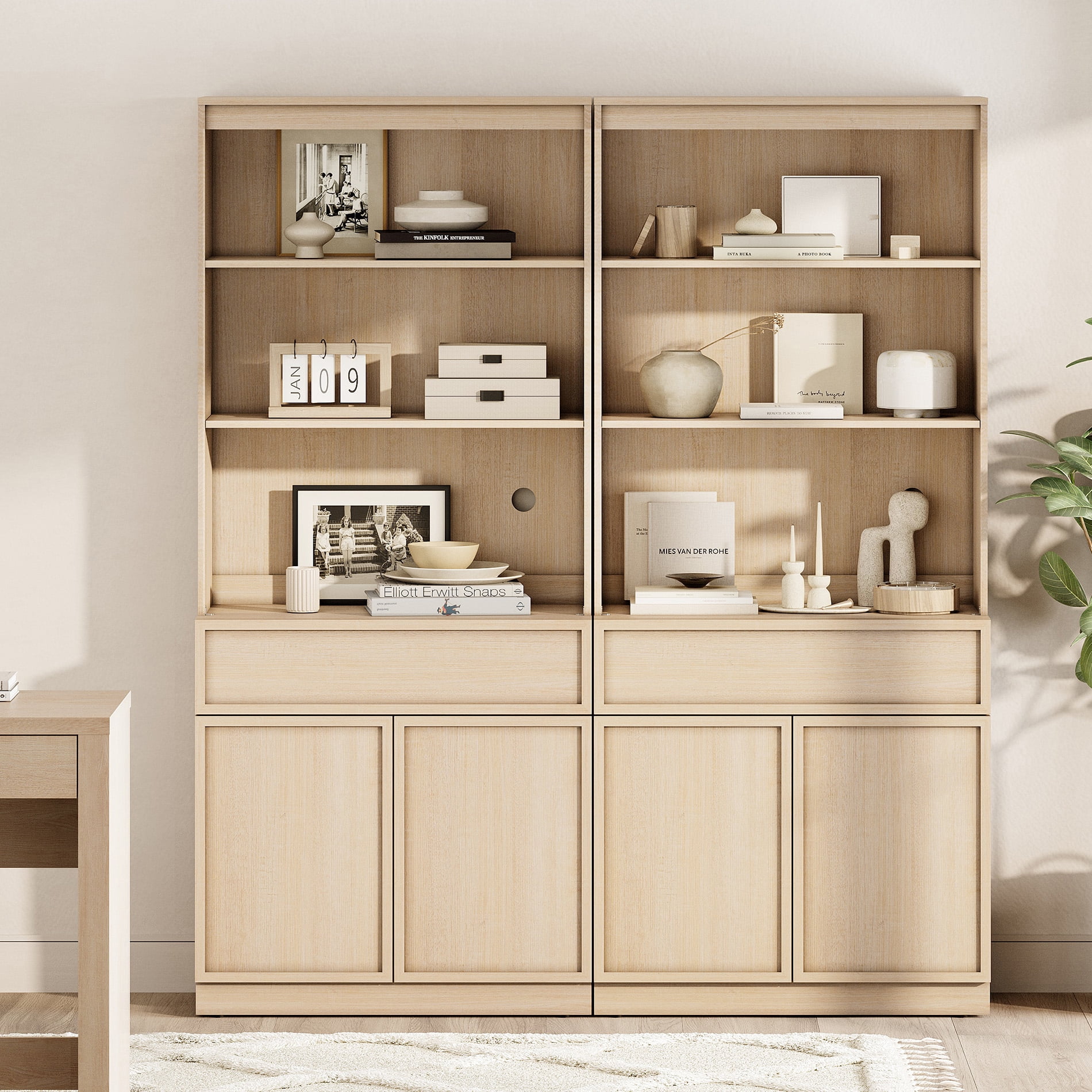 Modern 72" Tall Bookcase with Doors, Drawers & Adjustable Shelves, Wood Bookcase with Storage Cabinet and Open Shelving,Beige