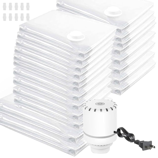 20 Piezas Bolsas de Vacío con 1 Bomba Electrica,Bolsas de Almacenamiento de Vacío,Bolsas al Vacio Reutilizables,compresión al vacío con Bomba Elé