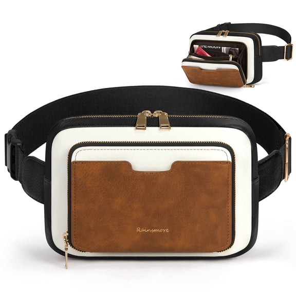 RAINSMORE Fanny Packs for Women, Leather Belt Bag Waterproof Everywhere Crossbody Waist Pack with Adjustable Strap Retro Sling Chest Bag for Work Running Travel Party,Black&Brown&White
