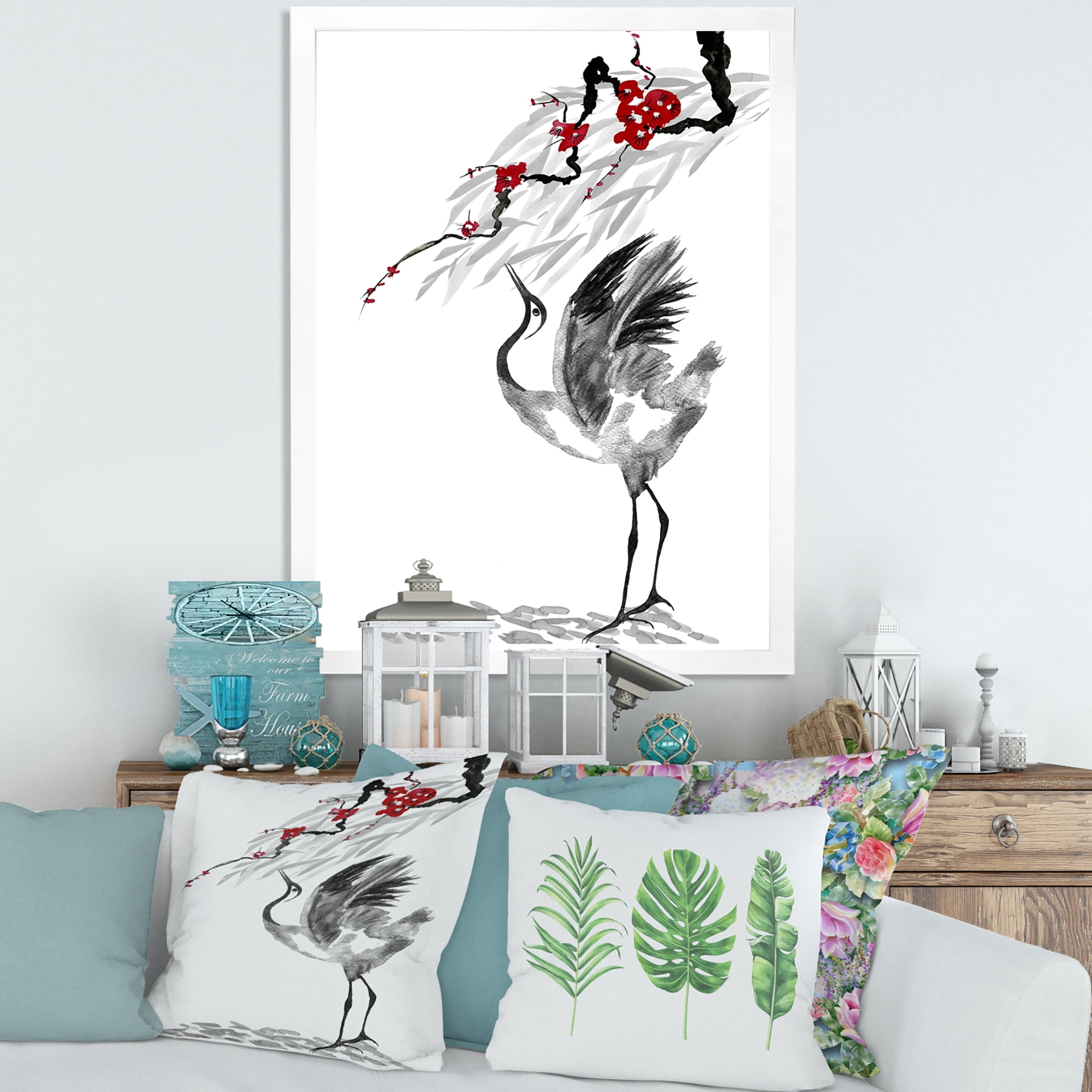 Designart 'Red Flowers With Japanese Cranes Bird Drawing' Traditional Framed Art Print