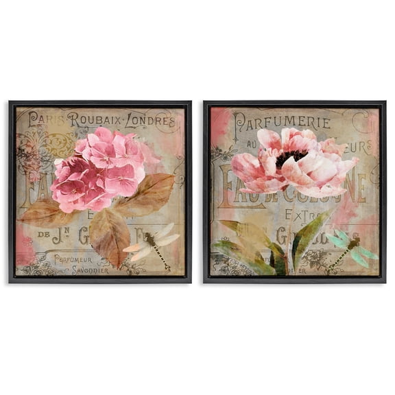 Stupell Industries Vintage Collage French Florals Floral Painting Black Floater Framed Canvas Art Print Wall Art, 18 x 18, Set of 2