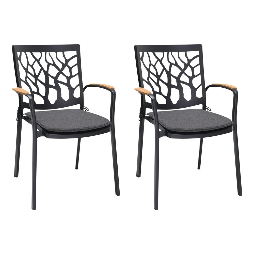 Portals Outdoor Patio Aluminum Chair in Black with Natural Teak Wood
