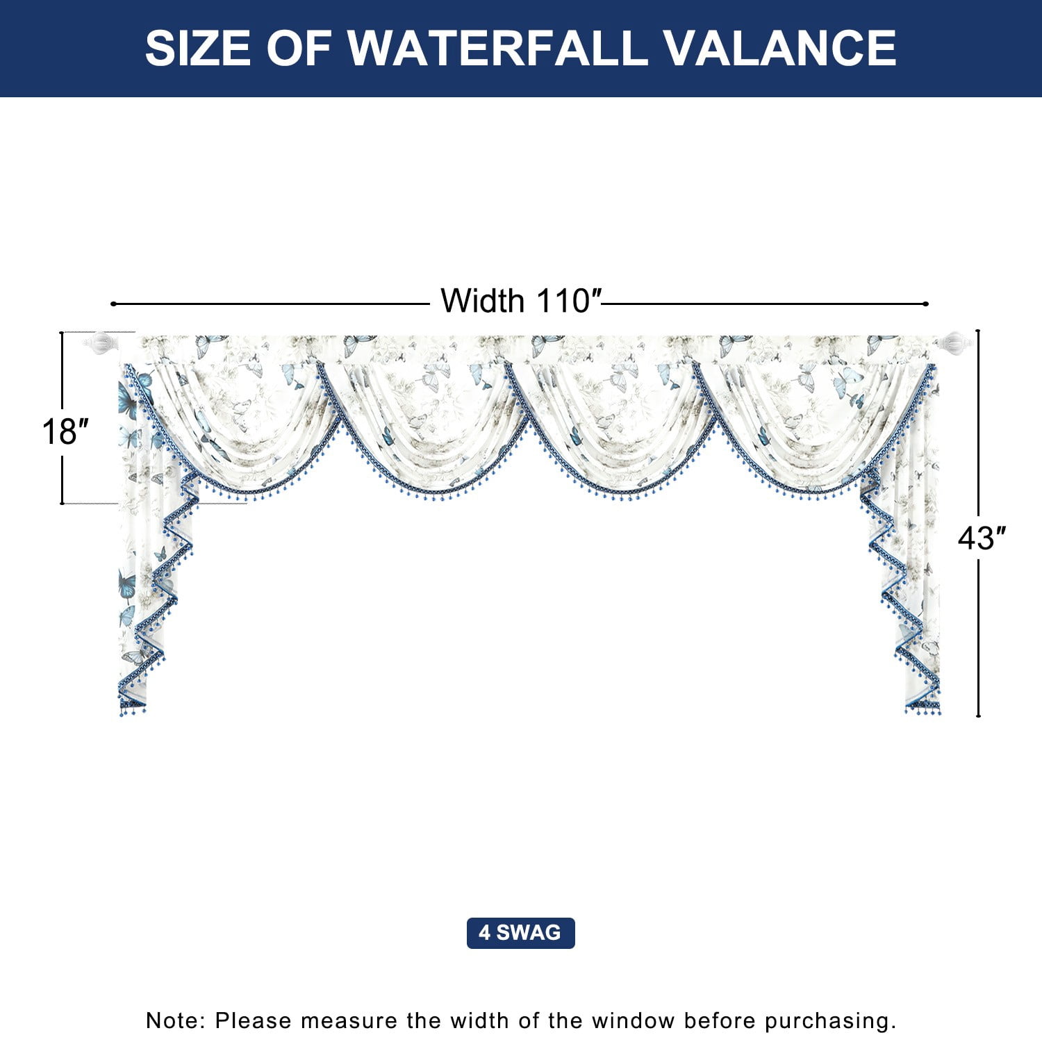 VOGOL Blue Butterflies Valance, Waterfall Swag Drapes with Bead Tassels for Bedroom Decor, 110x43 Inches