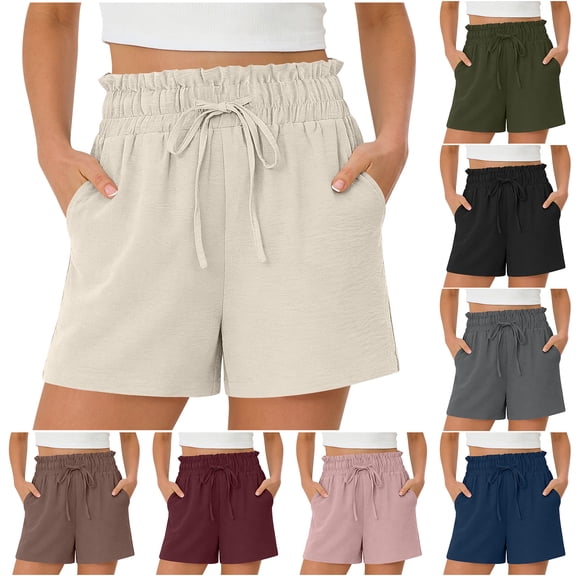 Bloomae Cotton Linen Shorts for Women Lightweight Summer Casual Wide Leg Loose Ruffle Trim High Waist Drawstring Dressy Shorts Beach Vacation Short Pants with Pockets Army Green XXL