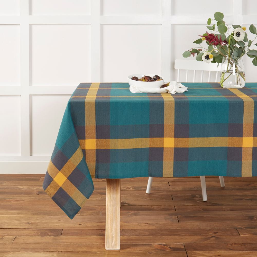 Mainstays Oversized Plaid Tablecloth, 52"W x 70"L, Teal, Available in