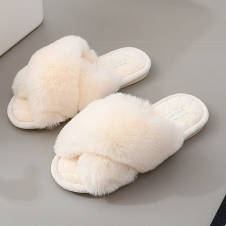 

PIKADINGNIS Luxury Winter House Women Fur Slippers Fuzzy Cross Band Open Toe Girls Shoes Non-slip Indoor Bedroom Ladies Fluffy Slippers