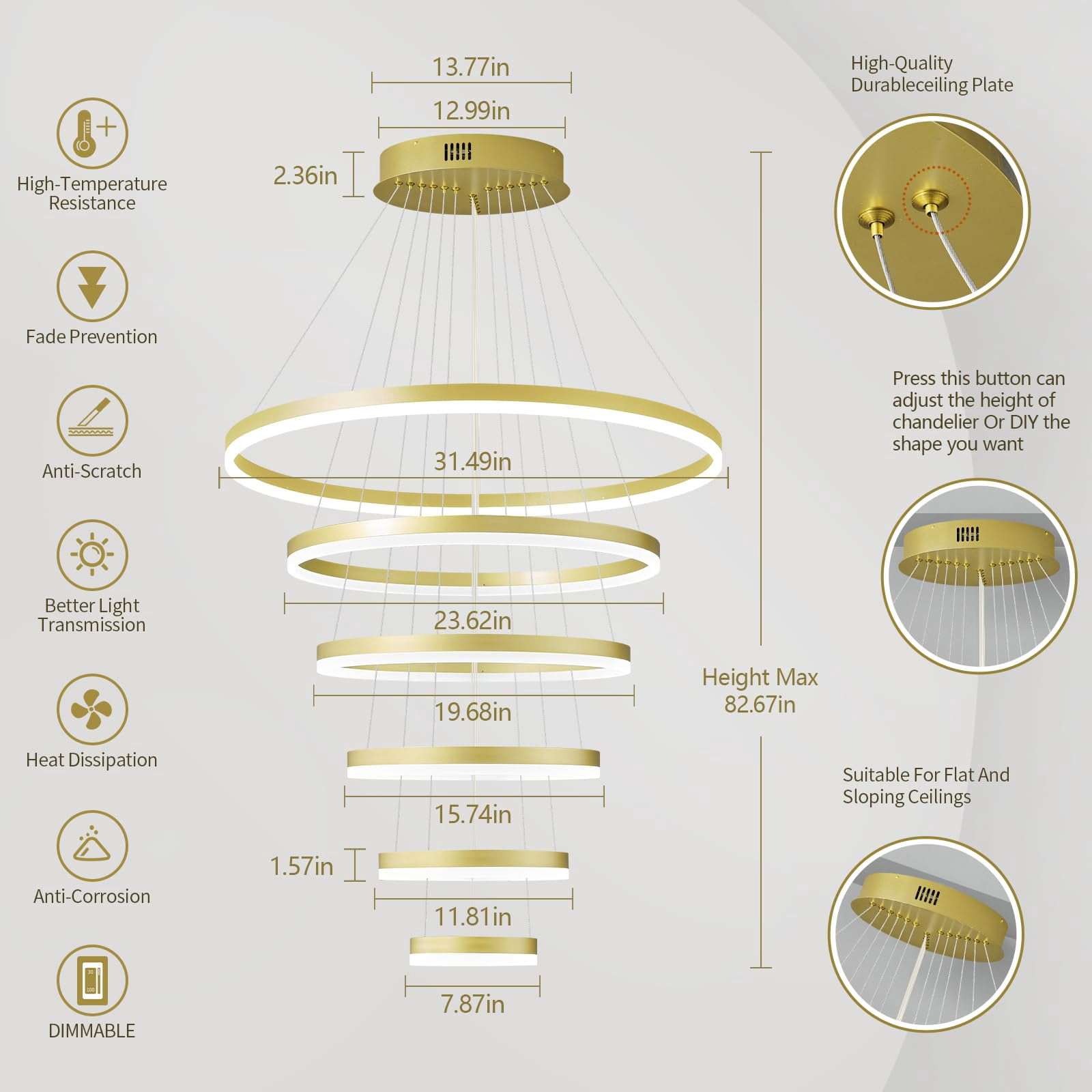 ZHLWIN Modern LED Chandelier Lighting, 6 Rings Gold Chandelier Contemporary Ceiling Pendant Light Fixture for Staircase Foyer High Ceiling Living Room 6000K Cool White