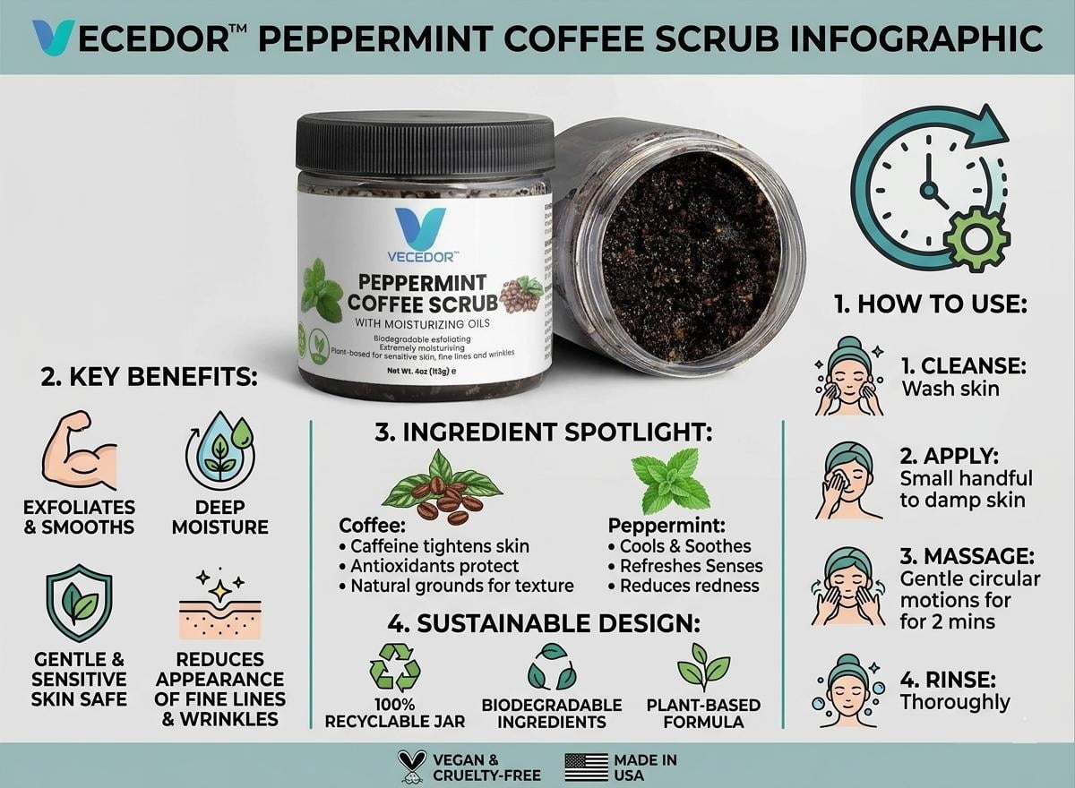 VECEDOR Peppermint Coffee Scrub – Exfoliating Body  Face Scrub for Smooth, Glowing Skin – Natural Moisturizing  Cellulite Care, 4oz
