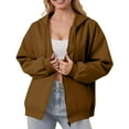 thumbnail image 2 of Mohiass Zip Up Hoodie Casual Cute Oversized Drawstring Womens Hoodie Y2k Fall Winter Long Sleeve Solid Fashion Zipper with Pockets Brown M, 2 of 5