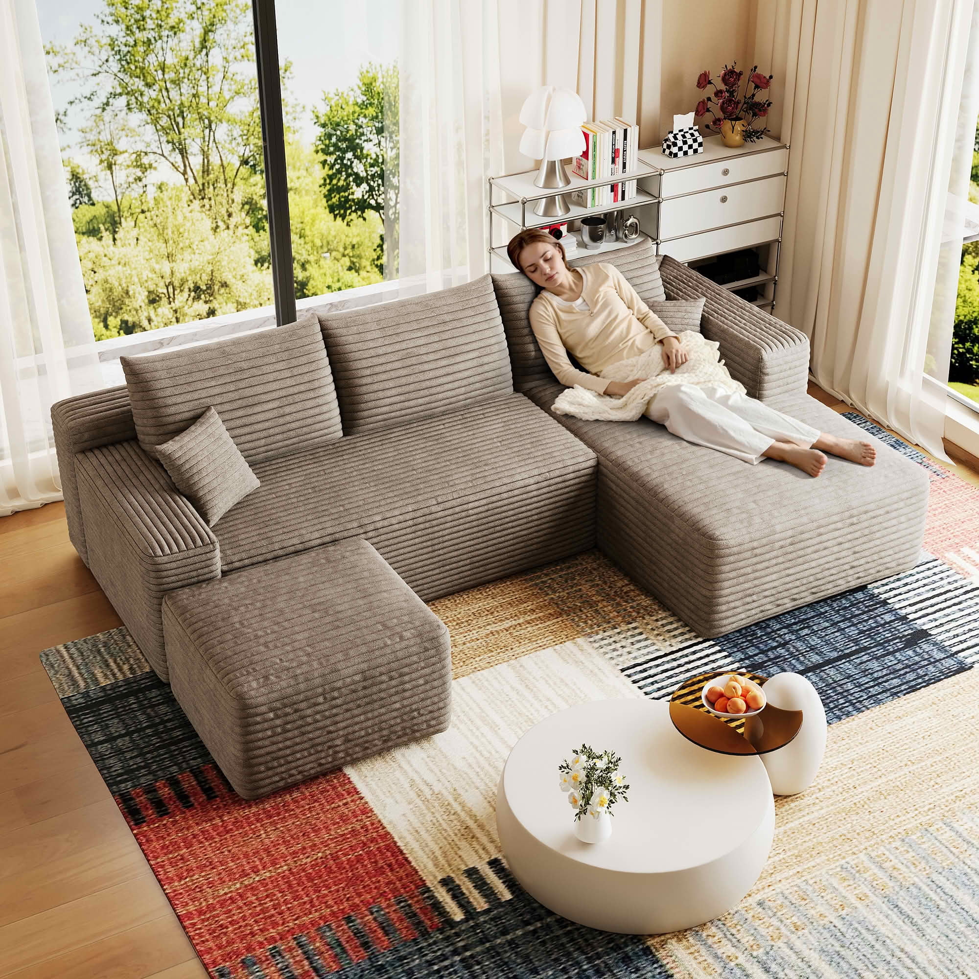 MAYEERTY 95" Corduroy U-Shaped Sectional Sofa with Ottoman, Deep Seat Cloud Couch, No Assembly Leisure Sofa for Home
