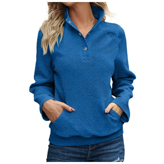 Bmisegm Women's Sports Hoodless Hoodie Casual Solid Color Texture Button Long Sleeved Pullover Hoodie Womens Sweatshirts Blue S