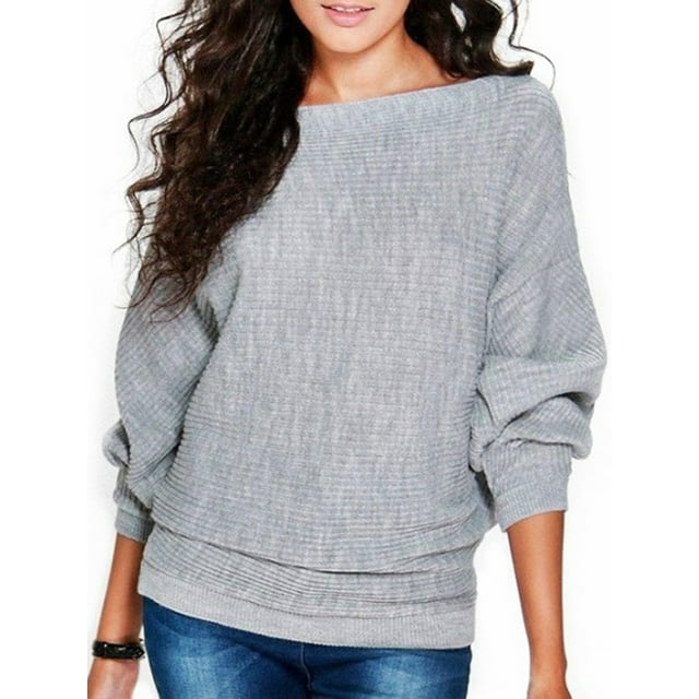 MAWCLOS Women Pullover Solid Color Jumper Tops Winter Warm Sweater Cozy Work Bat Sleeve Knitted Sweaters Grey 2XL