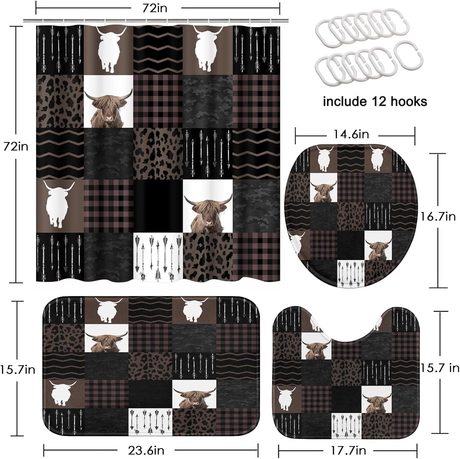 Highland Cow Sunflower Leopard Vintage Shower Curtain Sets with Toilet Lid Cover and Non-Slip Rugs, 4 Pcs Shower Curtain with 12 Hooks, Farmhouse Bathroom Set with Rugs and Accessories