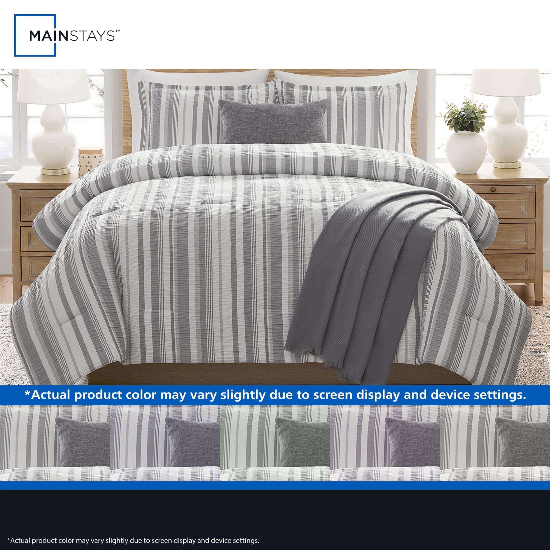 Mainstays Yarn Dyed Stripe 5-Piece Grey Comforter Set, King